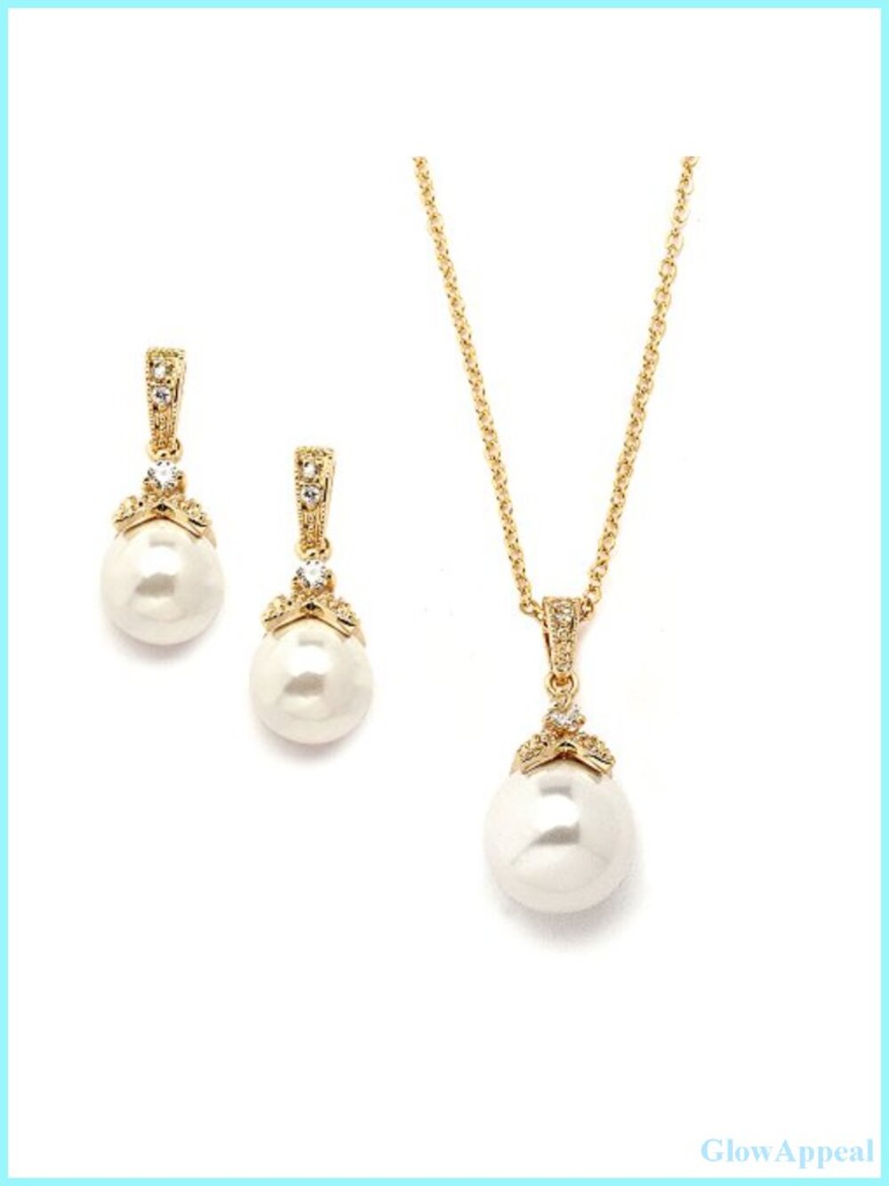 Bridal Pearl Drop Earrings Necklace Set with CZ Crystals for Wedding